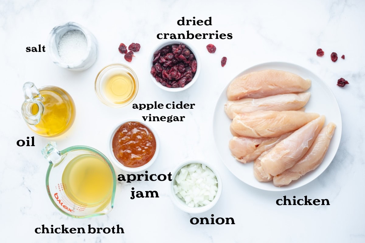ingredients displayed for making apricot cranberry chicken