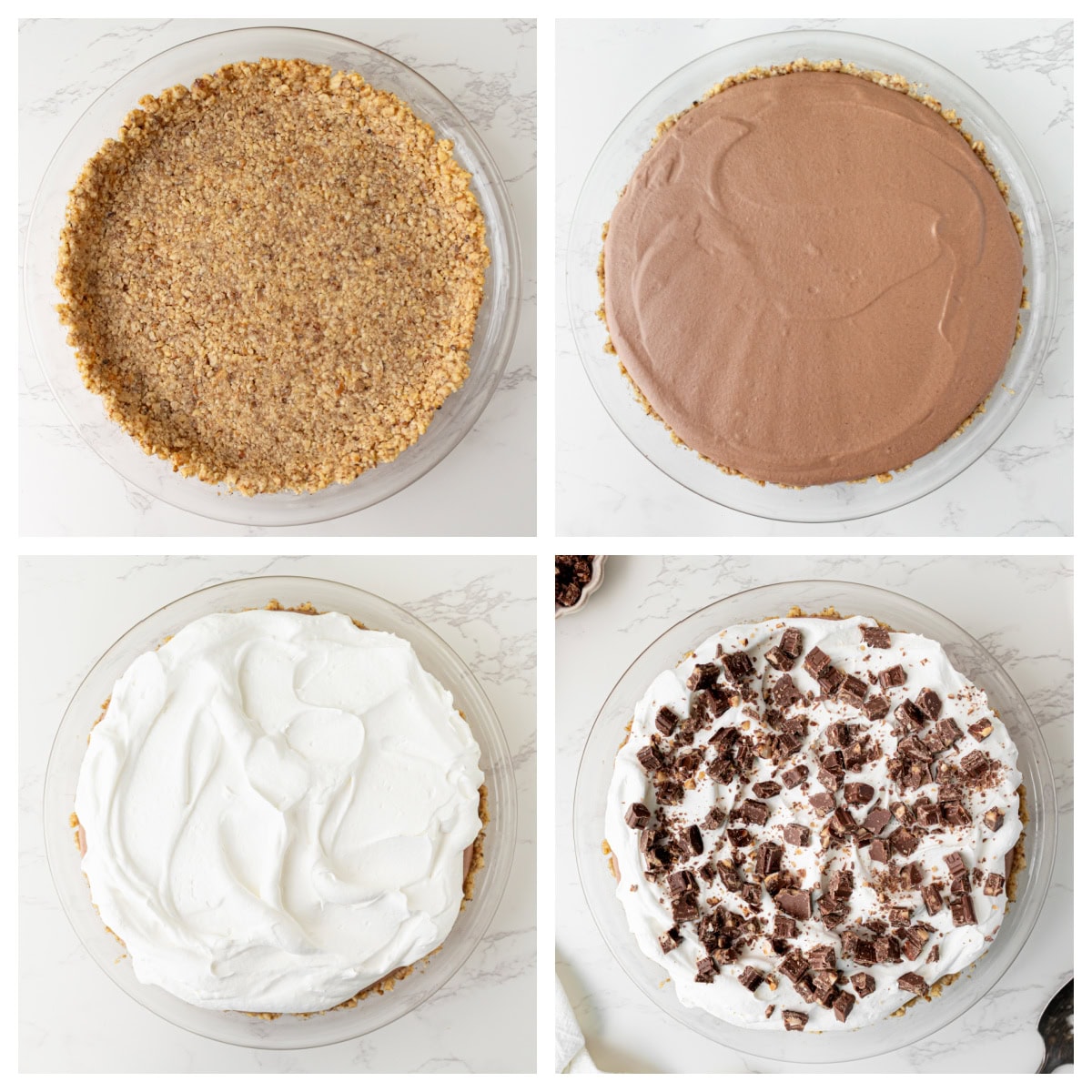 four photos showing how to assemble a candy bar pie