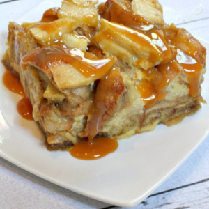 pinterest image for caramel apple bagel bread pudding