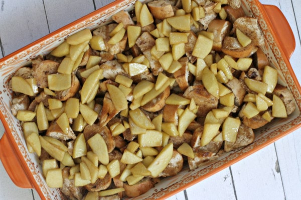 Caramel Apple Bagel Bread Pudding in casserole dish