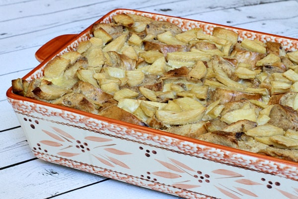 Caramel Apple Bagel Bread Pudding in a casserole dish