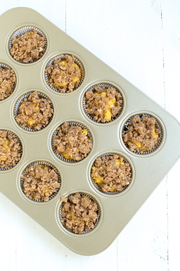 Pumpkin Coffee Cake Muffins in pan ready for oven