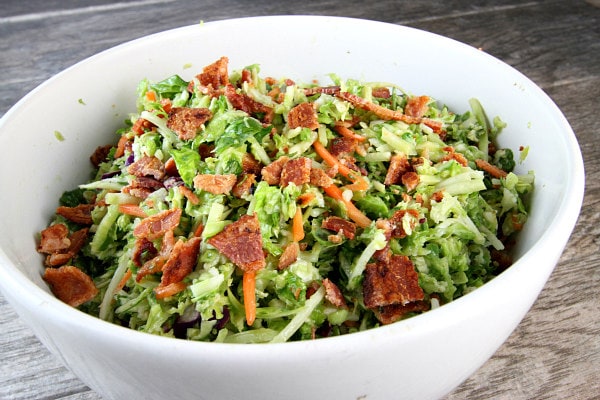 Bacon and Brussels Sprouts Salad in a white bowl