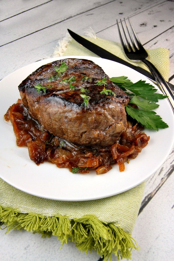 Filet Mignon with Marsala Caramelized Onions - at RecipeGirl.com