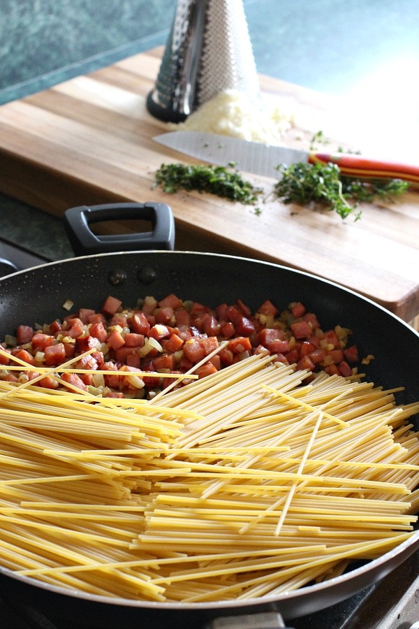 Ham and Bean Skillet Spaghetti recipe from RecipeGirl.com Ham and Bean Skillet Spaghetti in process of being made