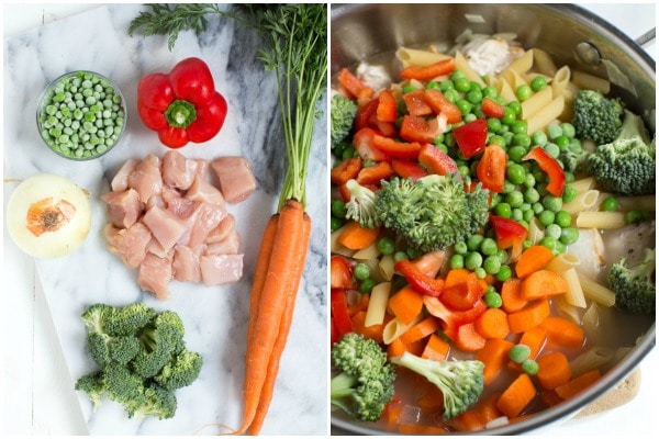 One Pot Creamy Chicken and Vegetable Pasta recipe from RecipeGirl.com #one #pot #onepot #creamy #chicken #vegetable #pasta #dinner #recipe #RecipeGirl Ingredients for One Pot Creamy Chicken and Vegetable Pasta