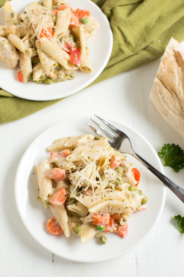 One Pot Creamy Chicken and Vegetable Pasta recipe from RecipeGirl.com #one #pot #onepot #creamy #chicken #vegetable #pasta #dinner #recipe #RecipeGirl Serving of One Pot Creamy Chicken and Vegetable Pasta