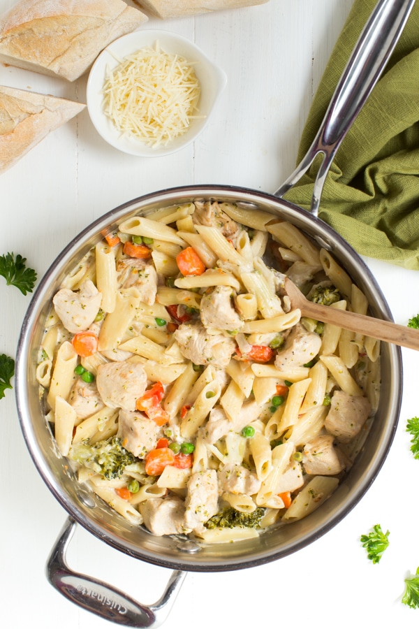One Pot Creamy Chicken and Vegetable Pasta recipe from RecipeGirl.com #one #pot #onepot #creamy #chicken #vegetable #pasta #dinner #recipe #RecipeGirl One Pot Creamy Chicken and Vegetable Pasta in pan