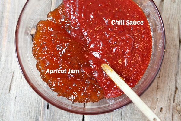 Apricot jam and Chili sauce in a mixing bowl