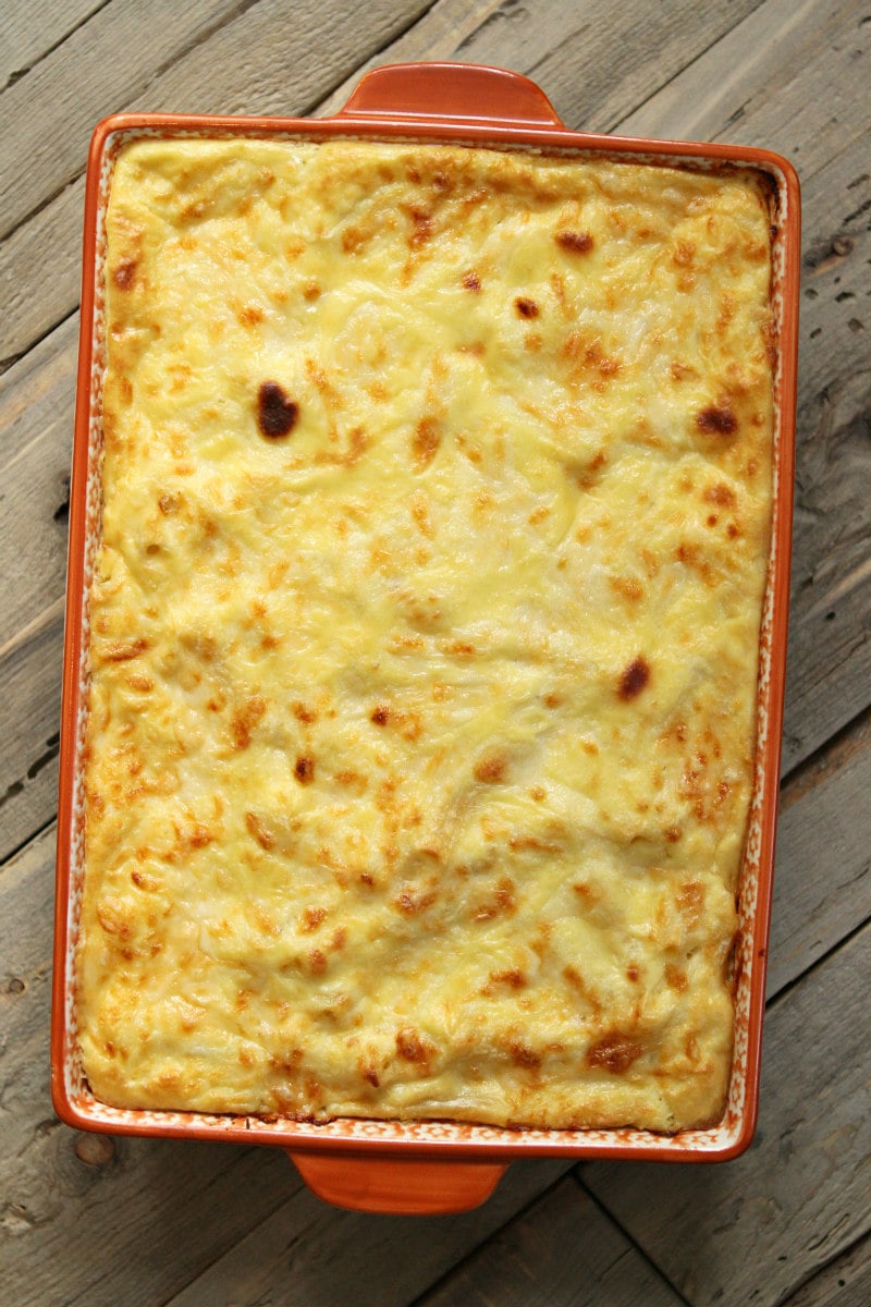 overhead shot of pastitsio in a casserole dish just out of the oven