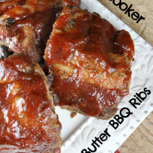 Slow Cooker Apple Butter BBQ Ribs on a white plate