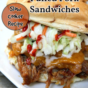 Slow Cooker Sweet and Spicy Pulled Pork Sandwiches on a white plate