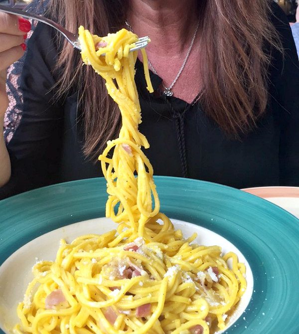 Carbonara on a fork in Venice, Italy