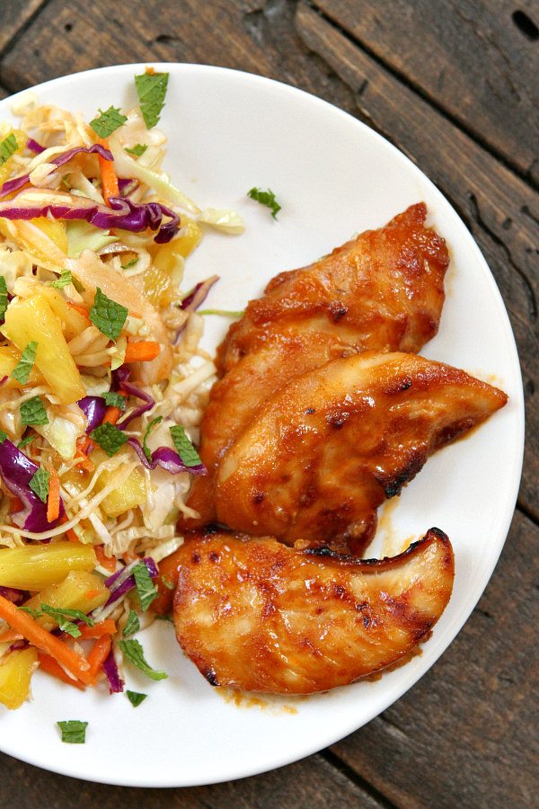 Thai Chicken Tenders with Broiled Pineapple Slaw: recipe from RecipeGirl.com