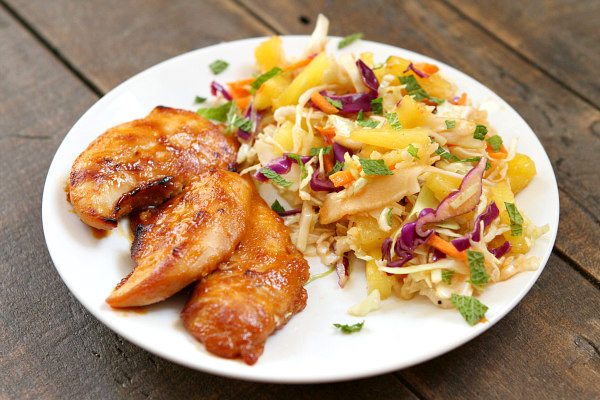 Thai Chicken Tenders with Broiled Pineapple Slaw: recipe from RecipeGirl.com