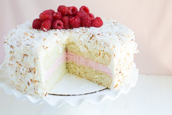 Coconut Cake with Raspberry Buttercream Filling 