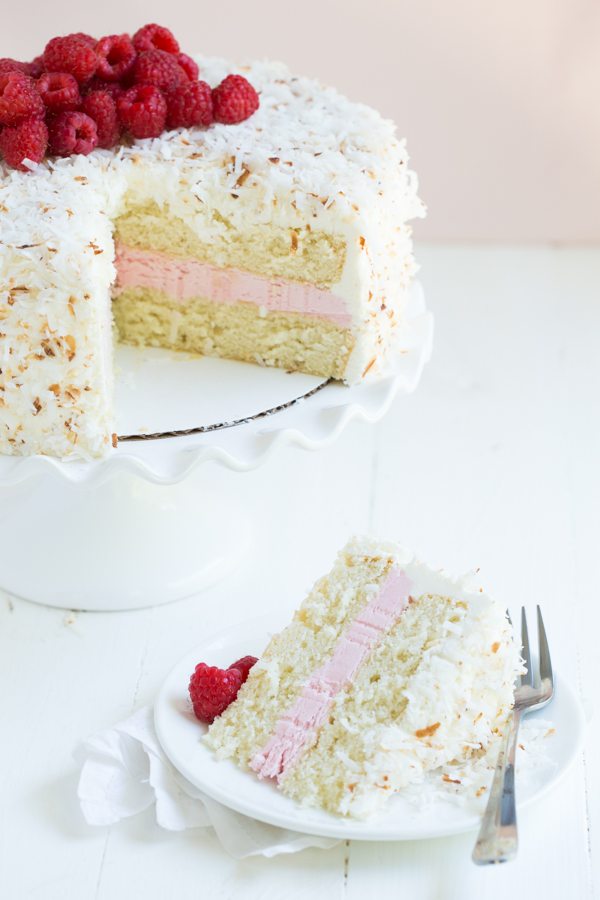 Coconut Cake with Raspberry Buttercream Filling 