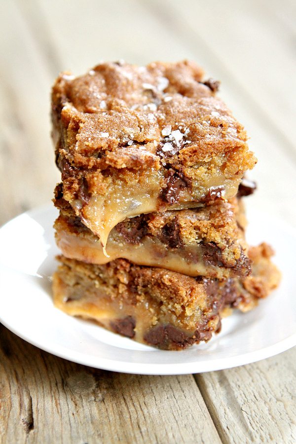 Stack of Gooey Salted Caramel Chocolate Chip Cookie Bars 