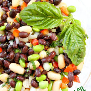 pinterest image for lemon basil three bean salad