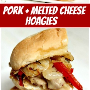 pinterest collage image for pork and melted cheese hoagies