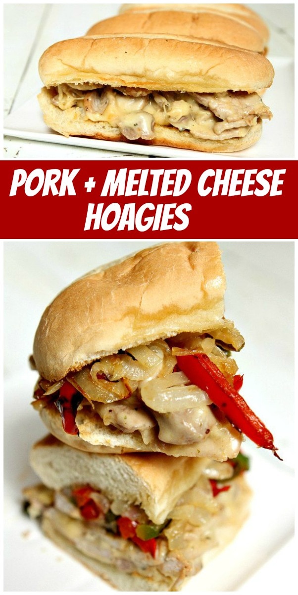 pinterest collage image for pork and melted cheese hoagies