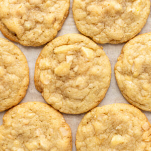 white chocolate macadamia nut cookies on baking sheet