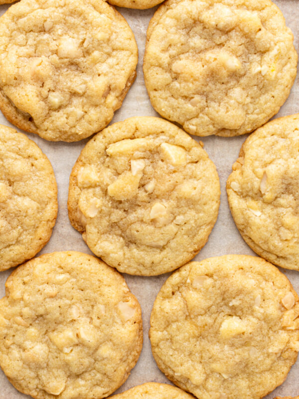 white chocolate macadamia nut cookies on baking sheet