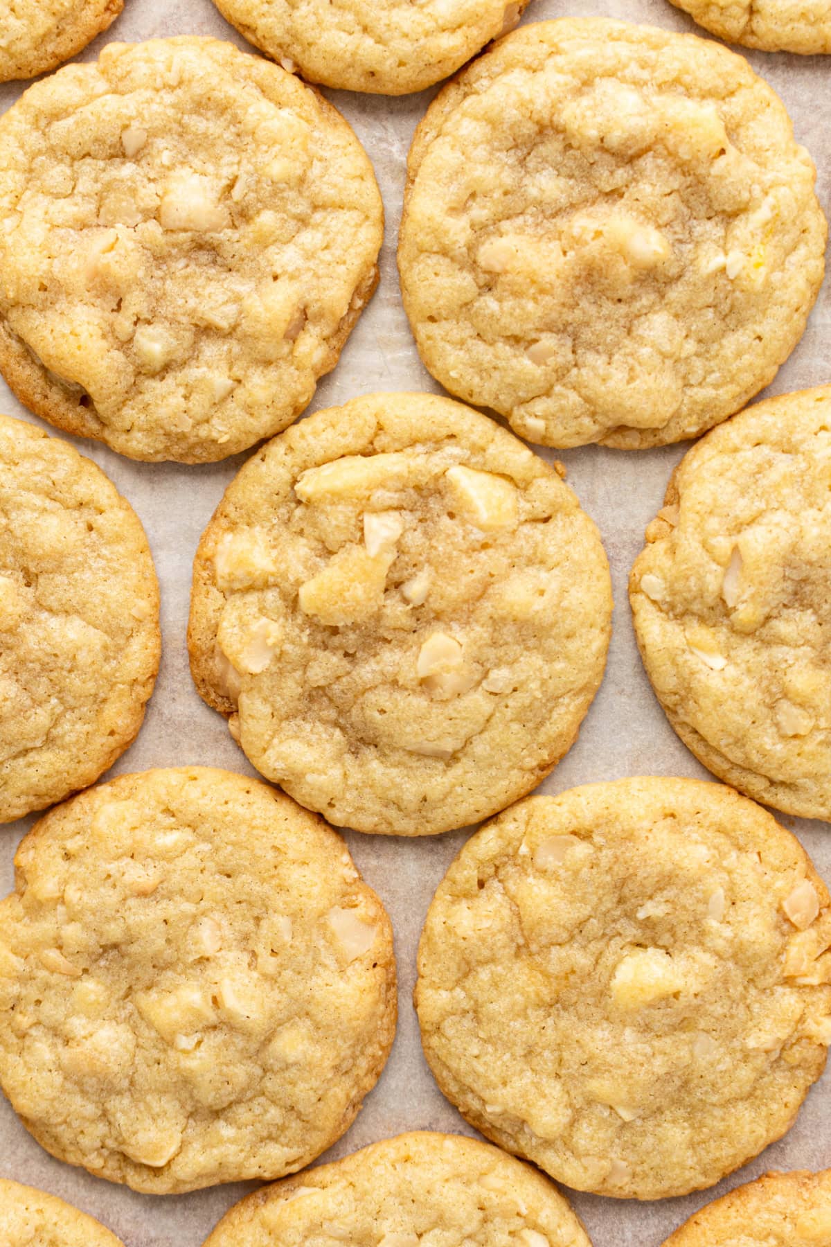 White Chocolate Macadamia Nut Cookies recipe from RecipeGirl.com : perfect classic cookie recipe made famous by Mrs. Fields! white chocolate macadamia nut cookies on baking sheet