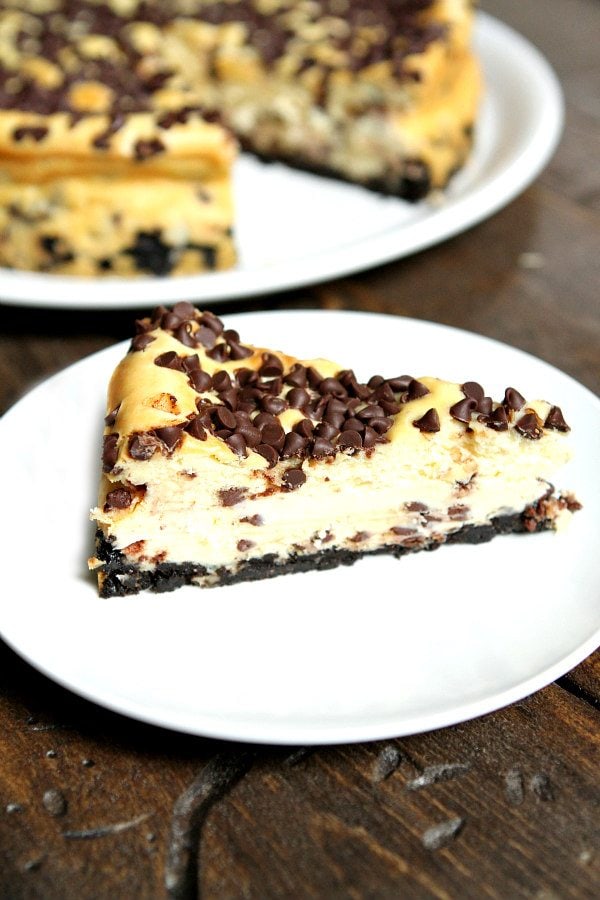 Chocolate Chip Cheesecake recipe from RecipeGirl.com #chocolate #chip #chocolatechip #cheesecake #recipe #RecipeGirl Slice of Chocolate Chip Cheesecake