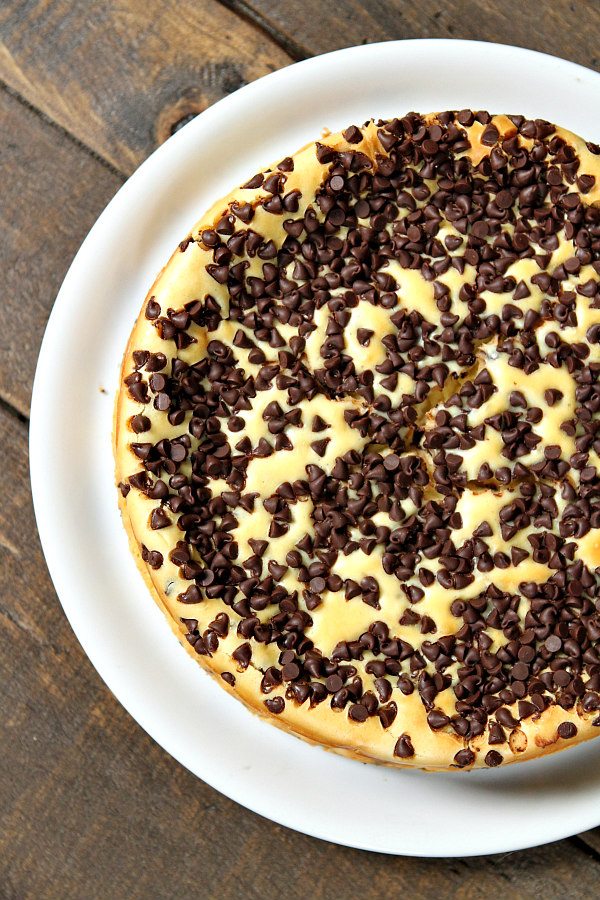 Chocolate Chip Cheesecake recipe from RecipeGirl.com #chocolate #chip #chocolatechip #cheesecake #recipe #RecipeGirl Chocolate Chip Cheesecake