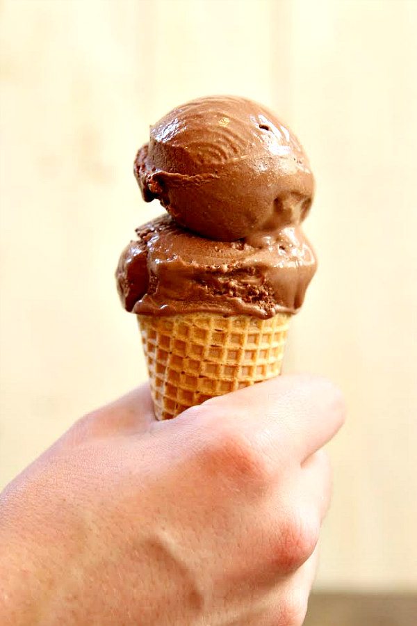 two scoops of Chocolate Espresso Gelato on a hand held ice cream cone