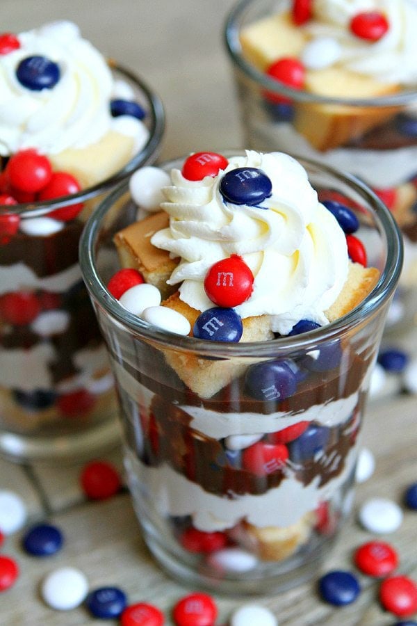 No Bake Patriotic Hot Fudge Cheesecake Trifles
