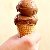 hand holding ice cream cone with two scoops of chocolate espresso gelato