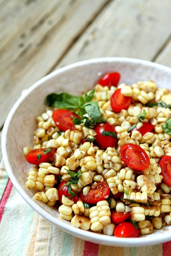 Fresh Corn and Tomato Salad with Balsamic Basil Dressing recipe from RecipeGirl.com