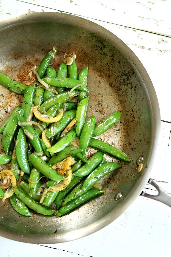 Lemony Stir Fried Sugar Snap Peas in a skillet