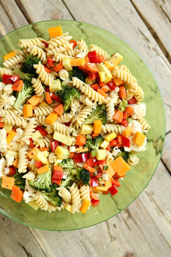 Summer Vegetable Pasta Salad in a Green Serving Bowl