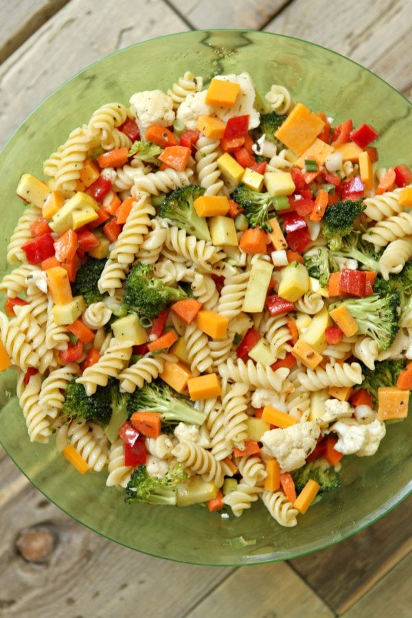 Summer Vegetable Pasta Salad in a Serving Bowl