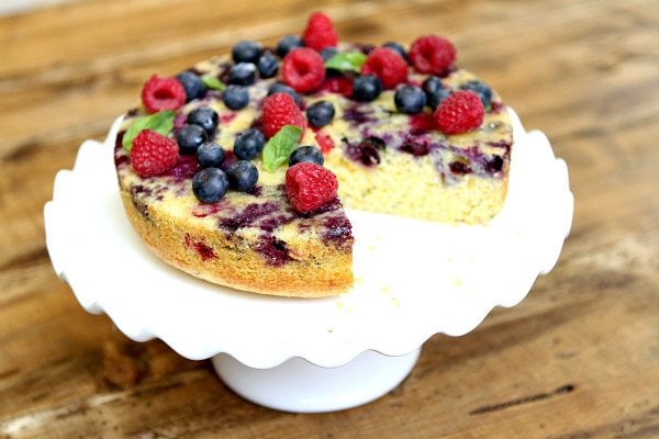 Upside Down Berry Cornmeal Coffee Cake Recipe - RecipeGirl.com