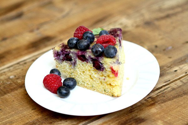 Upside Down Berry Cornmeal Coffee Cake Recipe from RecipeGirl.com