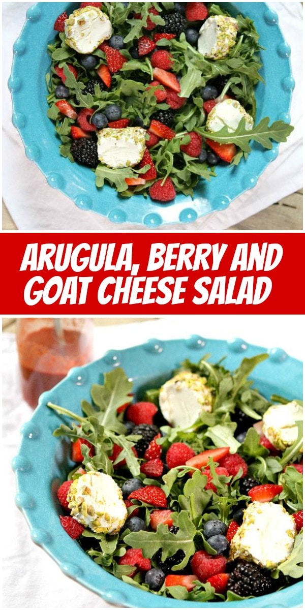 pinterest collage image for arugula berry and goat cheese salad