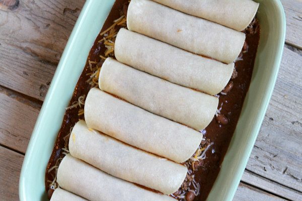 Beef and Cheese Enchiladas Prep rolled and in pan