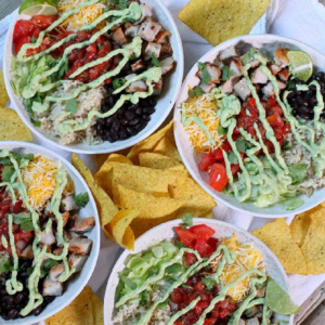 pinterest image for grilled pork burrito bowls