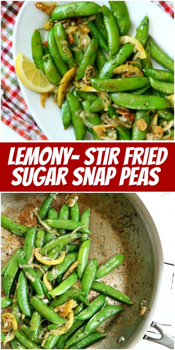 pinterest collage image for lemony stir fried sugar snap peas