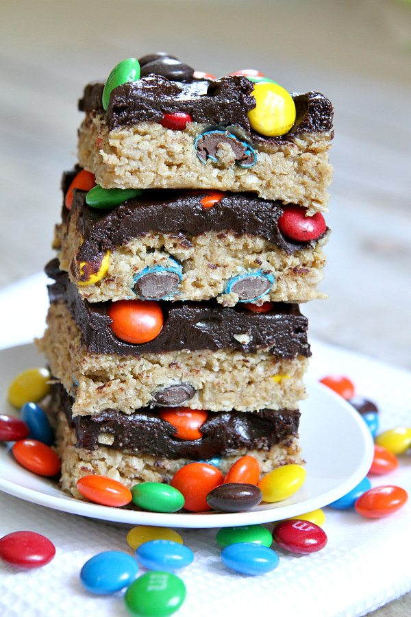 No Bake Monster Cookie Bars - recipe from RecipeGirl.com