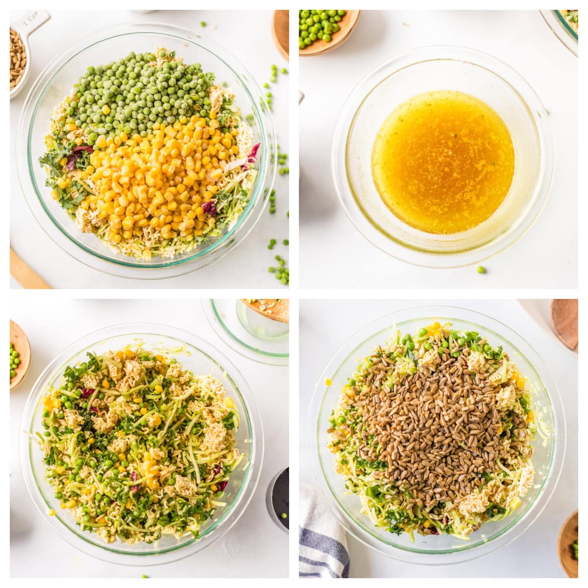 four photos showing how to make ramen salad