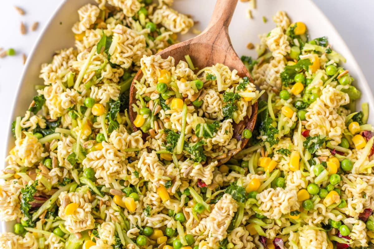 bowl of ramen salad with wooden spoon