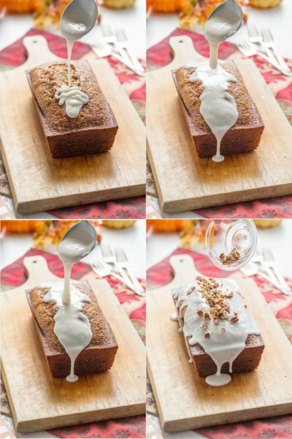 Four photos showing process of frosting Pumpkin Loaf Cake 