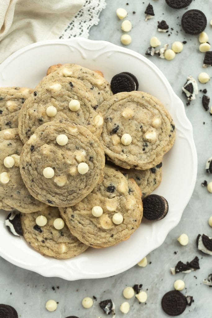 These Cookies and Cream Cookies are full of white chocolate chips and crushed Oreos for true cookie addicts! They are soft and chewy and not cakey!