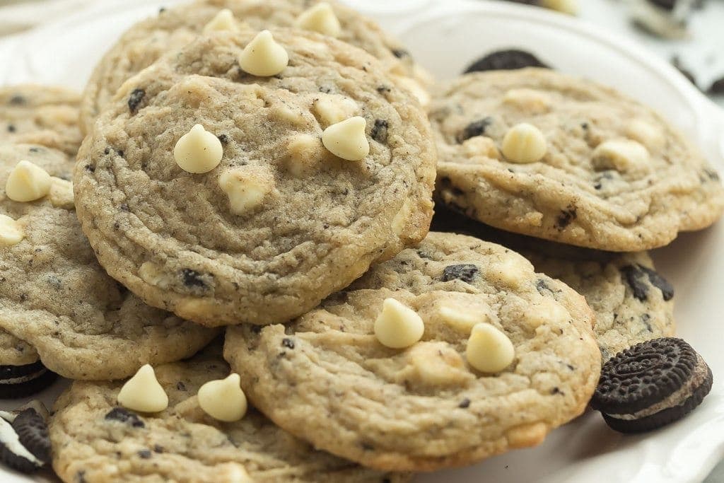 These Cookies and Cream Cookies are full of white chocolate chips and crushed Oreos for true cookie addicts! They are soft and chewy and not cakey!