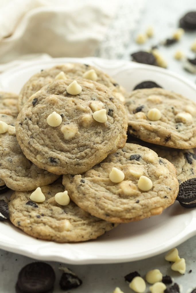 These Cookies and Cream Cookies are full of white chocolate chips and crushed Oreos for true cookie addicts! They are soft and chewy and not cakey!